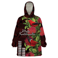 Hawaii Mele Kalikimaka Kakau Wearable Blanket Hoodie I'iwi Bird on Ohia Lehua LT7 One Size Black Red - Polynesian Pride