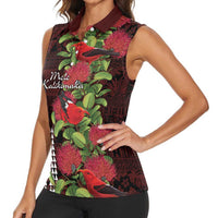 Hawaii Mele Kalikimaka Kakau Women Sleeveless Polo Shirt I'iwi Bird on Ohia Lehua LT7 - Polynesian Pride