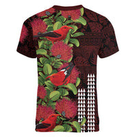Hawaii Mele Kalikimaka Kakau Women V-Neck T-Shirt I'iwi Bird on Ohia Lehua LT7 - Polynesian Pride