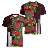 Hawaii Mele Kalikimaka Kakau Women V-Neck T-Shirt I'iwi Bird on Ohia Lehua LT7 - Polynesian Pride