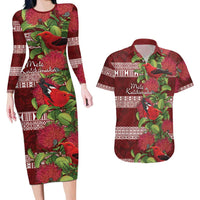Hawaii Christmas Mele Kalikimaka Couples Matching Long Sleeve Bodycon Dress and Hawaiian Shirt I'iwi Bird on Ohia Lehua LT7 Red White - Polynesian Pride