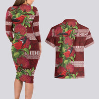 Hawaii Christmas Mele Kalikimaka Couples Matching Long Sleeve Bodycon Dress and Hawaiian Shirt I'iwi Bird on Ohia Lehua LT7 - Polynesian Pride