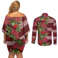 Hawaii Christmas Mele Kalikimaka Couples Matching Off Shoulder Short Dress and Long Sleeve Button Shirt I'iwi Bird on Ohia Lehua LT7 - Polynesian Pride
