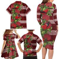 Hawaii Christmas Mele Kalikimaka Family Matching Long Sleeve Bodycon Dress and Hawaiian Shirt I'iwi Bird on Ohia Lehua