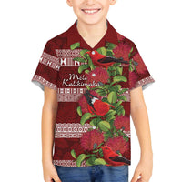 Hawaii Christmas Mele Kalikimaka Family Matching Off Shoulder Short Dress and Hawaiian Shirt I'iwi Bird on Ohia Lehua LT7 Son's Shirt Red White - Polynesian Pride