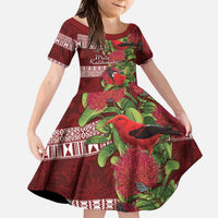 Hawaii Christmas Mele Kalikimaka Kid Short Sleeve Dress I'iwi Bird on Ohia Lehua LT7 KID Red White - Polynesian Pride