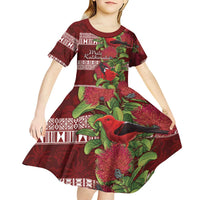 Hawaii Christmas Mele Kalikimaka Kid Short Sleeve Dress I'iwi Bird on Ohia Lehua LT7 - Polynesian Pride
