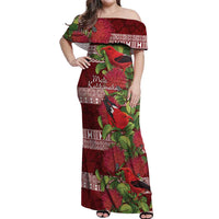 Hawaii Christmas Mele Kalikimaka Off Shoulder Maxi Dress I'iwi Bird on Ohia Lehua LT7 Women Red White - Polynesian Pride