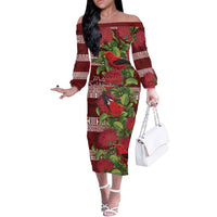 Hawaii Christmas Mele Kalikimaka Off The Shoulder Long Sleeve Dress I'iwi Bird on Ohia Lehua LT7 Women Red White - Polynesian Pride