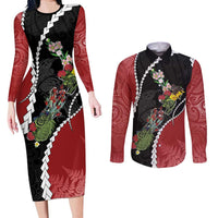 New Zealand Christmas Couples Matching Long Sleeve Bodycon Dress and Long Sleeve Button Shirt Flora Map with Birds LT7 Black - Polynesian Pride