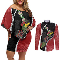 New Zealand Christmas Couples Matching Off Shoulder Short Dress and Long Sleeve Button Shirt Flora Map with Birds LT7 Black - Polynesian Pride