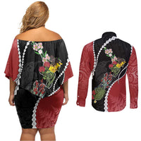 New Zealand Christmas Couples Matching Off Shoulder Short Dress and Long Sleeve Button Shirt Flora Map with Birds LT7 - Polynesian Pride