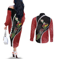 New Zealand Christmas Couples Matching Off The Shoulder Long Sleeve Dress and Long Sleeve Button Shirt Flora Map with Birds LT7 - Polynesian Pride
