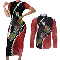 New Zealand Christmas Couples Matching Short Sleeve Bodycon Dress and Long Sleeve Button Shirt Flora Map with Birds LT7 Black - Polynesian Pride