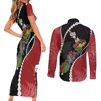 New Zealand Christmas Couples Matching Short Sleeve Bodycon Dress and Long Sleeve Button Shirt Flora Map with Birds LT7 - Polynesian Pride