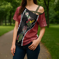 New Zealand Christmas Cross Shoulder Shirt Flora Map with Birds - Polynesian Pride