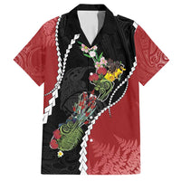 New Zealand Christmas Family Matching Off Shoulder Maxi Dress and Hawaiian Shirt Flora Map with Birds LT7 Dad's Shirt - Short Sleeve Black - Polynesian Pride