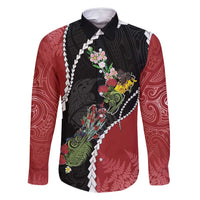 New Zealand Christmas Family Matching Off Shoulder Short Dress and Hawaiian Shirt Flora Map with Birds LT7 Dad's Shirt - Long Sleeve Black - Polynesian Pride