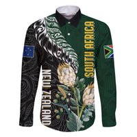 Custom South Africa Mix New Zealand Rugby 2023 Family Matching Off Shoulder Long Sleeve Dress and Hawaiian Shirt World Cup Greatest Rivalry LT7 Dad's Shirt - Long Sleeve Black Green - Polynesian Pride