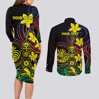 New Caledonia Kanaky Personalized Couples Matching Long Sleeve Bodycon Dress and Long Sleeve Button Shirt Fleche Faitiere - Plumeria LT7 - Polynesian Pride