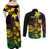 New Caledonia Kanaky Personalized Couples Matching Off Shoulder Maxi Dress and Long Sleeve Button Shirt Fleche Faitiere - Plumeria LT7 - Polynesian Pride