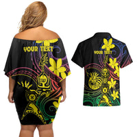New Caledonia Kanaky Personalized Couples Matching Off Shoulder Short Dress and Hawaiian Shirt Fleche Faitiere - Plumeria LT7 - Polynesian Pride
