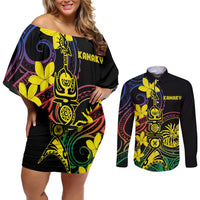 New Caledonia Kanaky Personalized Couples Matching Off Shoulder Short Dress and Long Sleeve Button Shirt Fleche Faitiere - Plumeria LT7 Colorful - Polynesian Pride