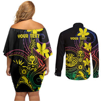 New Caledonia Kanaky Personalized Couples Matching Off Shoulder Short Dress and Long Sleeve Button Shirt Fleche Faitiere - Plumeria LT7 - Polynesian Pride