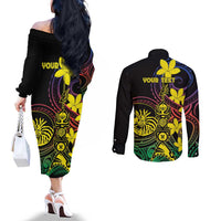 New Caledonia Kanaky Personalized Couples Matching Off The Shoulder Long Sleeve Dress and Long Sleeve Button Shirt Fleche Faitiere - Plumeria LT7 - Polynesian Pride