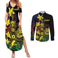 New Caledonia Kanaky Personalized Couples Matching Summer Maxi Dress and Long Sleeve Button Shirt Fleche Faitiere - Plumeria LT7 Colorful - Polynesian Pride
