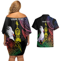 New Caledonia Kanaky Personalized Couples Matching Off Shoulder Short Dress and Hawaiian Shirt Fleche Faitiere Mix Kagu LT7 - Polynesian Pride