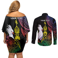 New Caledonia Kanaky Personalized Couples Matching Off Shoulder Short Dress and Long Sleeve Button Shirt Fleche Faitiere Mix Kagu LT7 - Polynesian Pride