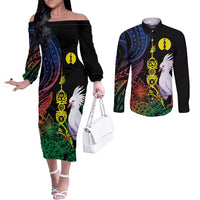New Caledonia Kanaky Personalized Couples Matching Off The Shoulder Long Sleeve Dress and Long Sleeve Button Shirt Fleche Faitiere Mix Kagu LT7 Colorful - Polynesian Pride
