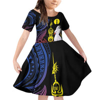 New Caledonia Kanaky Personalized Family Matching Off Shoulder Short Dress and Hawaiian Shirt Fleche Faitiere Mix Kagu LT7 Daughter's Dress Colorful - Polynesian Pride