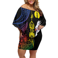 New Caledonia Kanaky Personalized Family Matching Off Shoulder Short Dress and Hawaiian Shirt Fleche Faitiere Mix Kagu LT7 Mom's Dress Colorful - Polynesian Pride