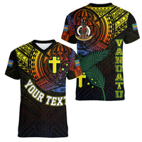 Personalised Vanuatu Women V Neck T Shirt Turtle Chest Tattoo Flag Color - Tafea LT7 Female Black - Polynesian Pride