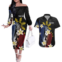 Personalized Philippines Tribal Couples Matching Off The Shoulder Long Sleeve Dress and Hawaiian Shirt Tropical Waves - Plumeria LT7 Black - Polynesian Pride