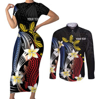 Personalized Philippines Tribal Couples Matching Short Sleeve Bodycon Dress and Long Sleeve Button Shirt Tropical Waves - Plumeria LT7 Black - Polynesian Pride