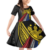 Philippines Sun Family Matching Off Shoulder Short Dress and Hawaiian Shirt Pasifika Tribal Style LT7 Daughter's Dress Black - Polynesian Pride