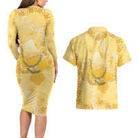 Hawaii Oahu Island Flowers Lei Couples Matching Long Sleeve Bodycon Dress and Hawaiian Shirt Yellow Ilima Mix Plumeria LT7 - Polynesian Pride
