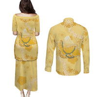 Hawaii Oahu Island Flowers Lei Couples Matching Puletasi and Long Sleeve Button Shirt Yellow Ilima Mix Plumeria LT7 - Polynesian Pride