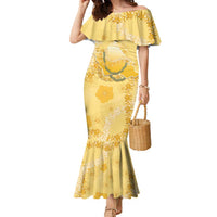 Hawaii Oahu Island Flowers Lei Family Matching Mermaid Dress and Hawaiian Shirt Yellow Ilima Mix Plumeria LT7 Mom's Dress Yellow - Polynesian Pride