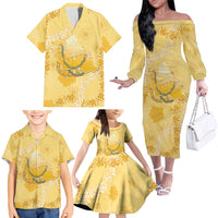 Hawaii Oahu Island Flowers Lei Family Matching Off The Shoulder Long Sleeve Dress and Hawaiian Shirt Yellow Ilima Mix Plumeria LT7 - Polynesian Pride