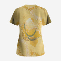 Hawaii Oahu Island Flowers Lei Scrub Top Yellow Ilima Mix Plumeria