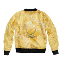 Hawaii Oahu Island Flowers Lei Sleeve Zip Bomber Jacket Yellow Ilima Mix Plumeria LT7 - Polynesian Pride