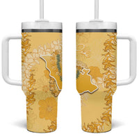 Hawaii Oahu Island Flowers Lei Tumbler With Handle Yellow Ilima Mix Plumeria
