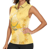 Hawaii Oahu Island Flowers Lei Women Sleeveless Polo Shirt Yellow Ilima Mix Plumeria LT7 - Polynesian Pride