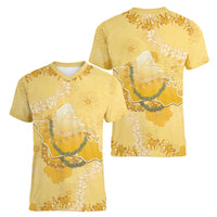 Hawaii Oahu Island Flowers Lei Women V-Neck T-Shirt Yellow Ilima Mix Plumeria LT7 - Polynesian Pride