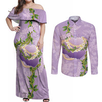 Hawaii Kauai Island Flowers Lei Couples Matching Off Shoulder Maxi Dress and Long Sleeve Button Shirt Mokihana Lei LT7 Lavender - Polynesian Pride