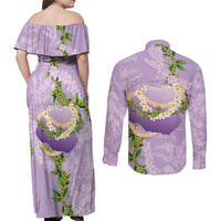 Hawaii Kauai Island Flowers Lei Couples Matching Off Shoulder Maxi Dress and Long Sleeve Button Shirt Mokihana Lei LT7 - Polynesian Pride